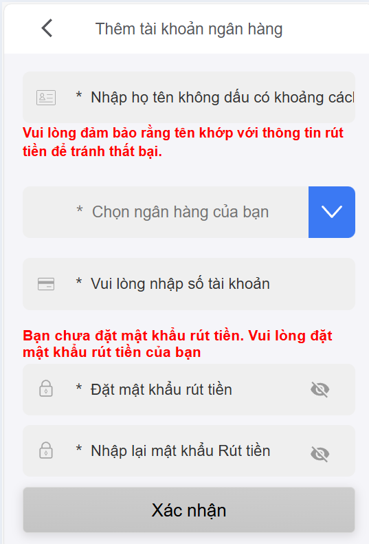 Liên kết thẻ ngân hàng để tiến hành rút tiền Gi8