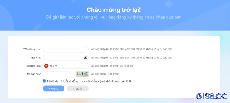 Giao diện đăng ký tài khoản tại Gi8